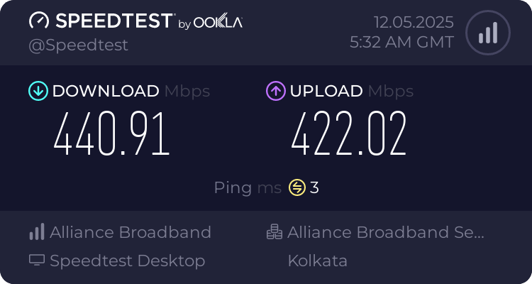 Alliance Broadband QTR 400 Plan Wired Speed Test