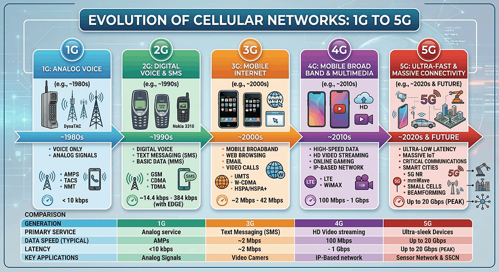 Evolution from 1G to 5G cellular networks