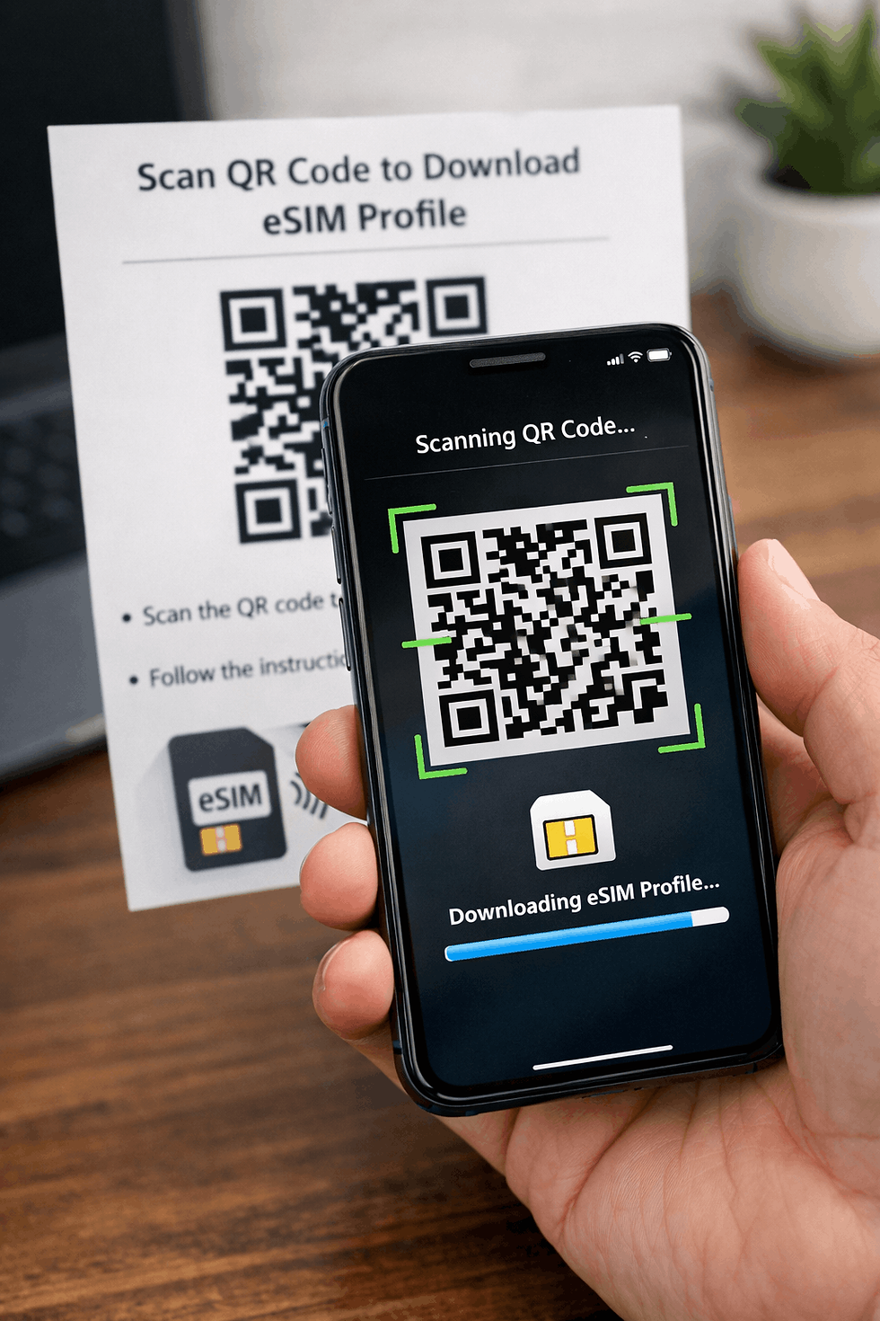 Smartphone scanning QR code to download eSIM profile
