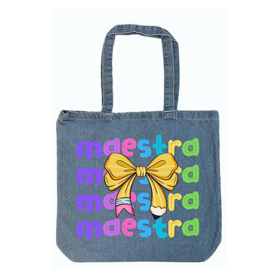 Maestra Pencil Bow Denim Tote Bag