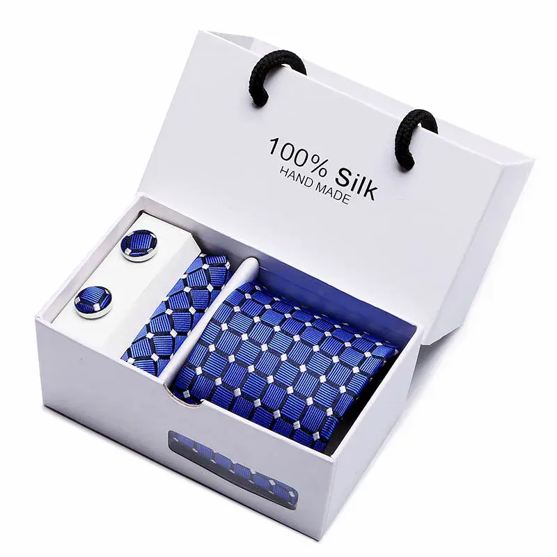 Thumbnail: 2023 100% Silk Jacquard Necktie White Geometric Tie Hanky Cufflink Set Ties for