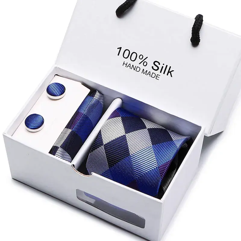 Thumbnail: 2023 100% Silk Jacquard Necktie White Geometric Tie Hanky Cufflink Set Ties for
