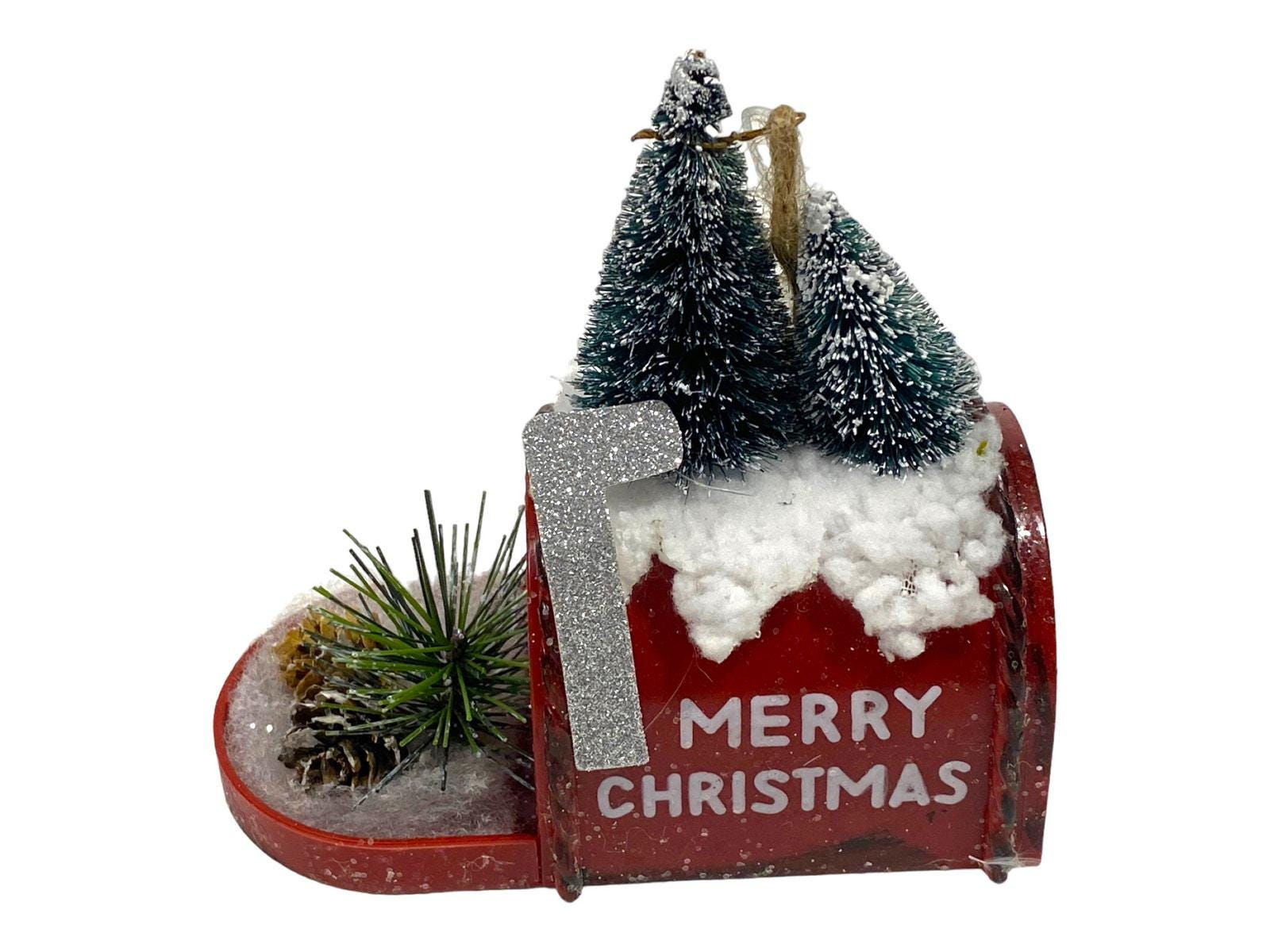 Merry Christmas Mailbox Tree Ornament, Pine Greenery Wreath Attachment, Holiday