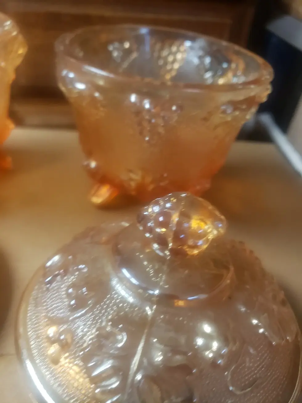 Thumbnail: 2 Vtg Harvest Grape Carnival Glass Candy Jars