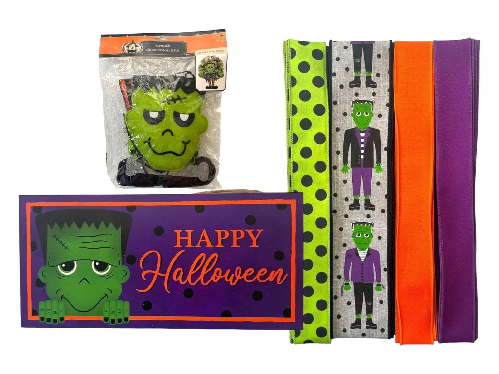 Frankenstein Halloween Wreath Kit, Happy Halloween Sign and Ribbon Bundle - DIY
