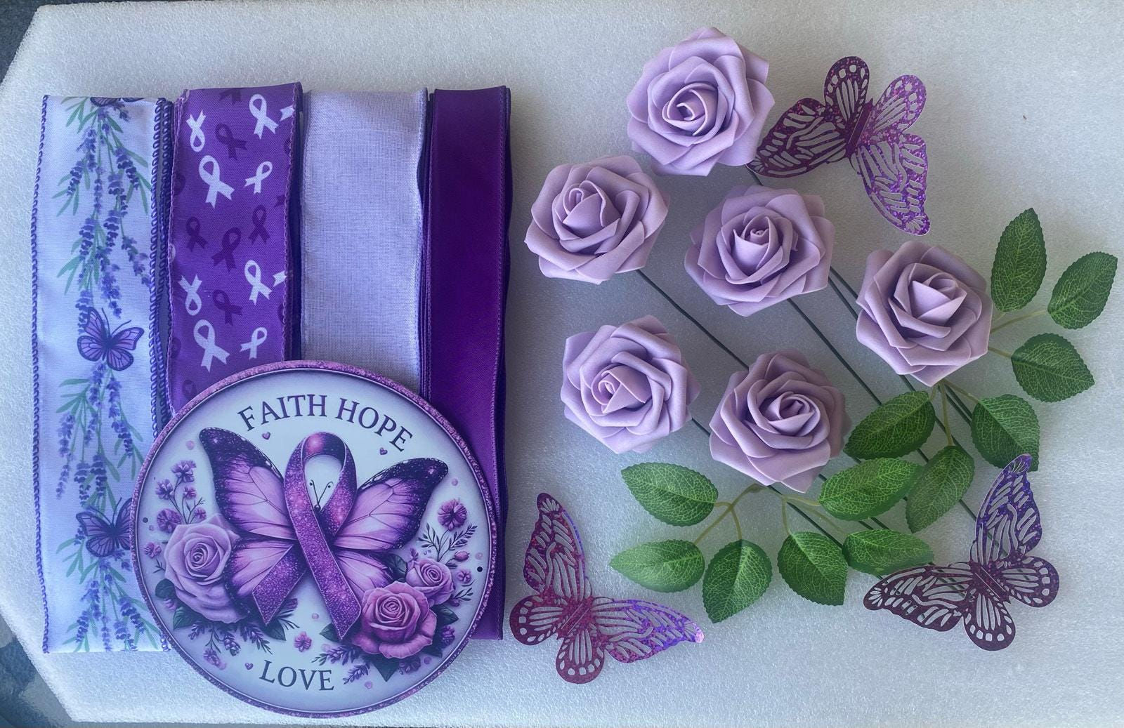 Purple Awareness Wreath Kit | Faith Hope Love Sign, Ribbons, Roses &