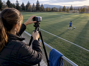 Parent adjusting elevated soccer camera setup