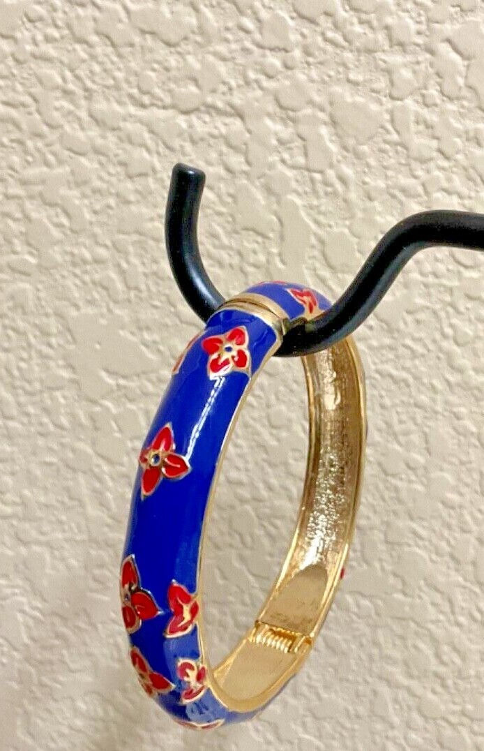 KIRKS FOLLY Dream Flower Enamel Hinged Bangle Bracelet blue / goldtone