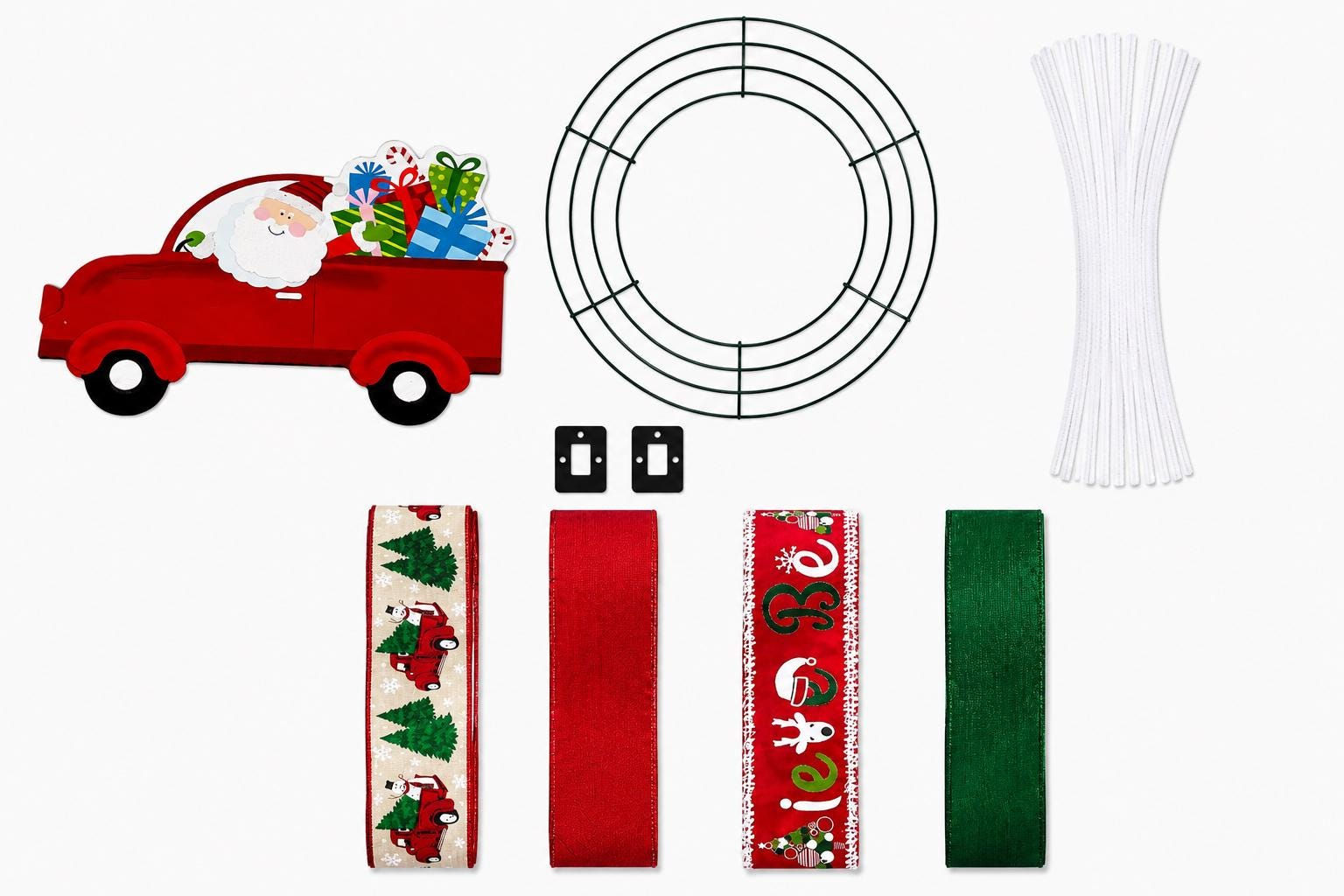 Santa’s Red Truck Christmas Wreath Kit - Festive Holiday Sign and Ribbon Bundle