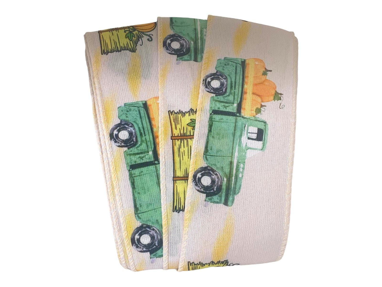 Vintage Pumpkin Truck Ribbon, Fall Wired Ribbon, Green Farm Truck Ribbon,