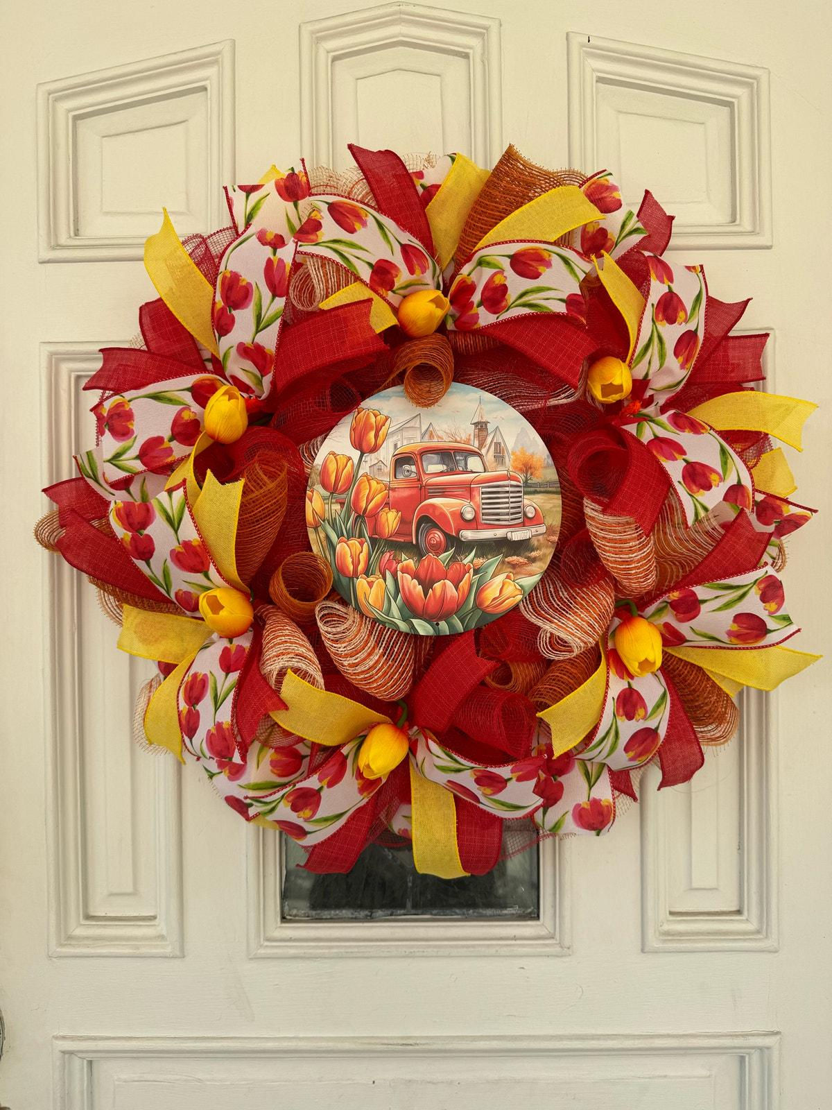 Spring Tulip Truck Wreath, Red Yellow Tulip Door Wreath, Farmhouse Front Door