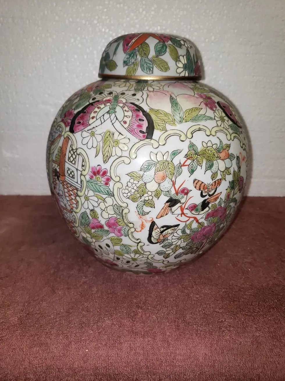Thumbnail: Floral Cloisonne Oriental Ginger Jar w/ Lid