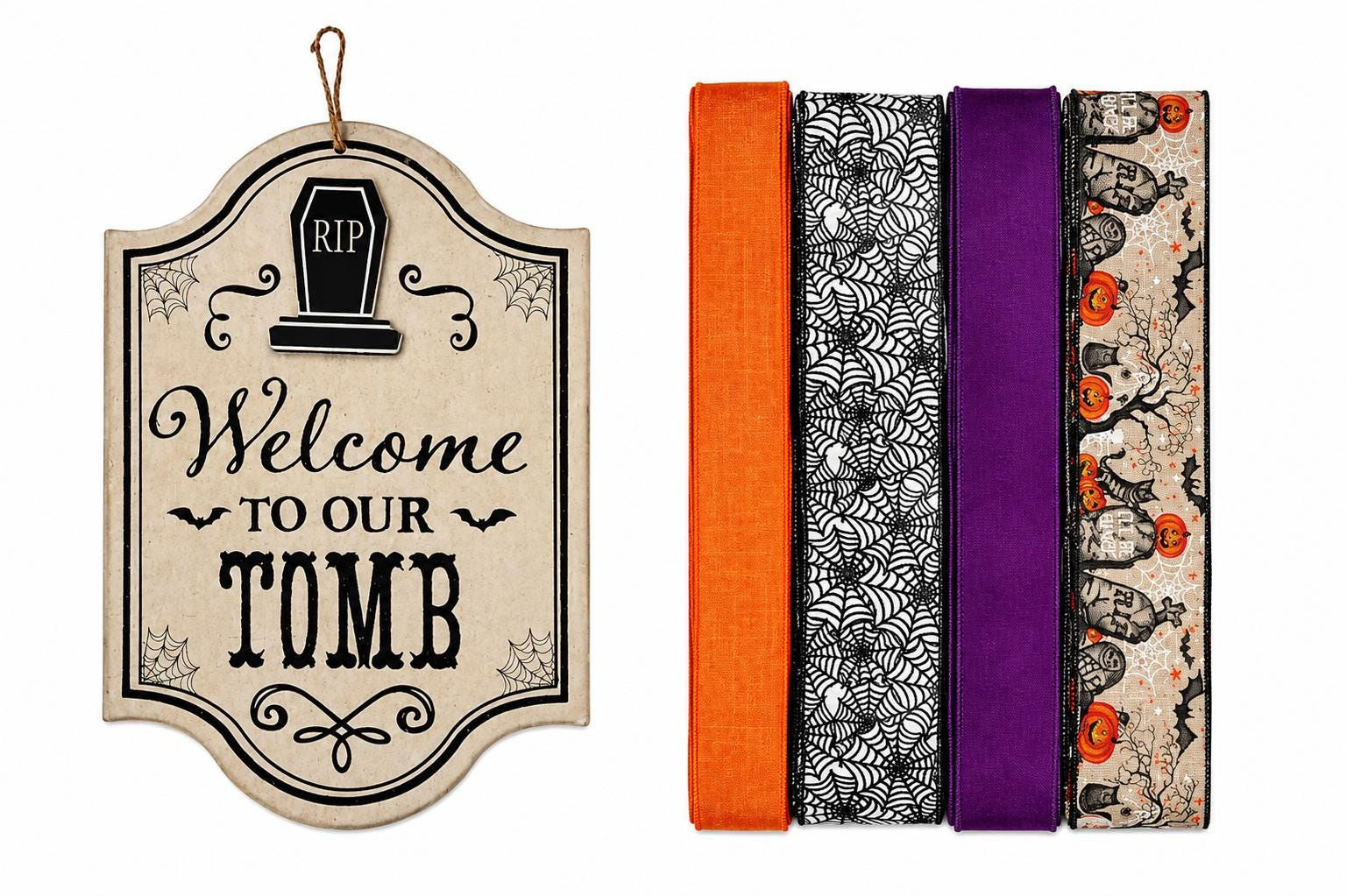 Welcome to Our Tomb Halloween Wreath Kit | Graveyard Sign & Ribbon Bundle | DIY