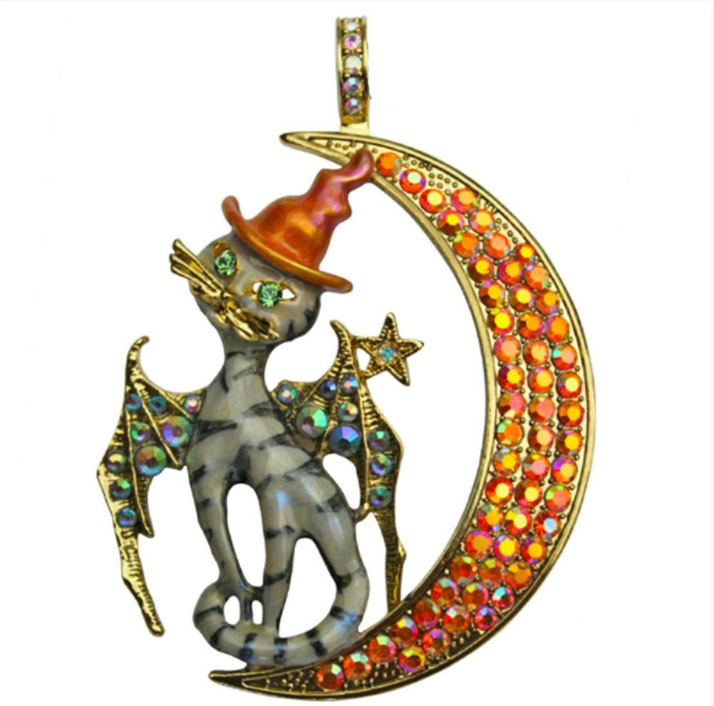 Kirks Folly Midnight Magic Cat & Crescent Moon Pendant goldtone