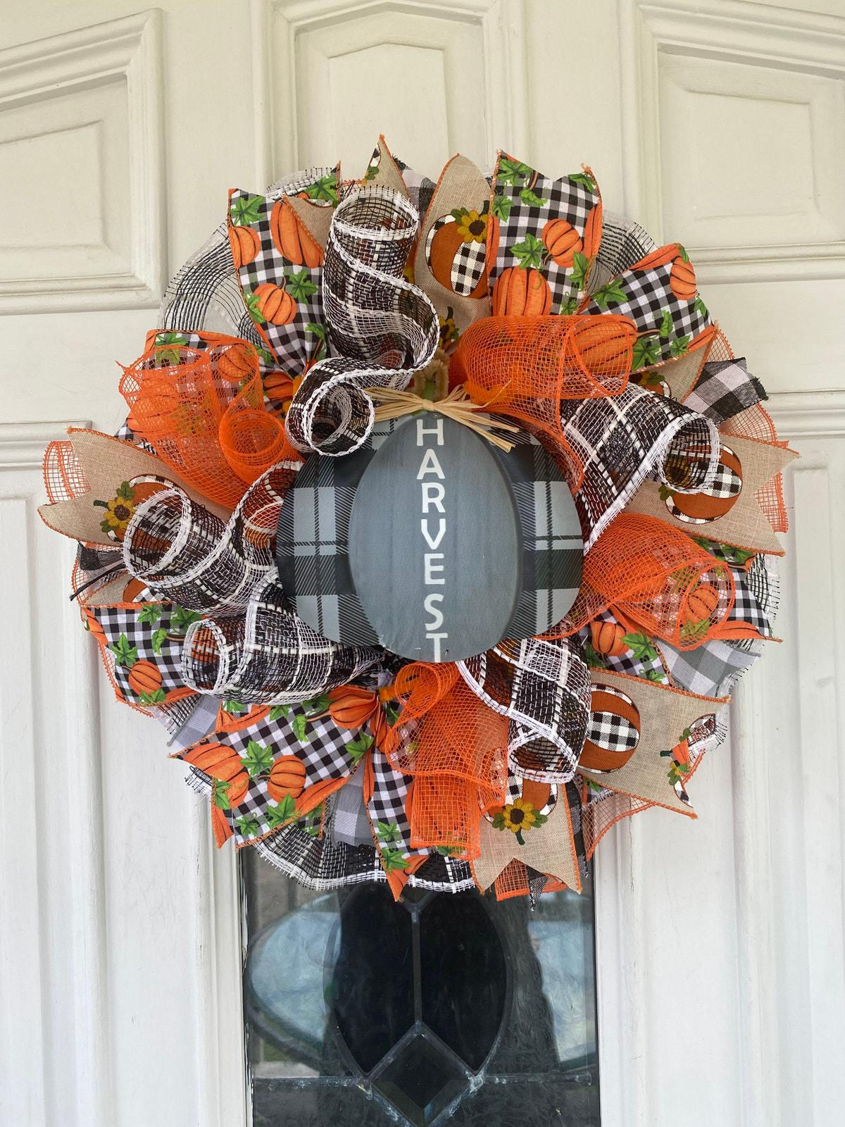 Mini Harvest Pumpkin Wreath | Small Fall Door Wreath | Buffalo Check Autumn