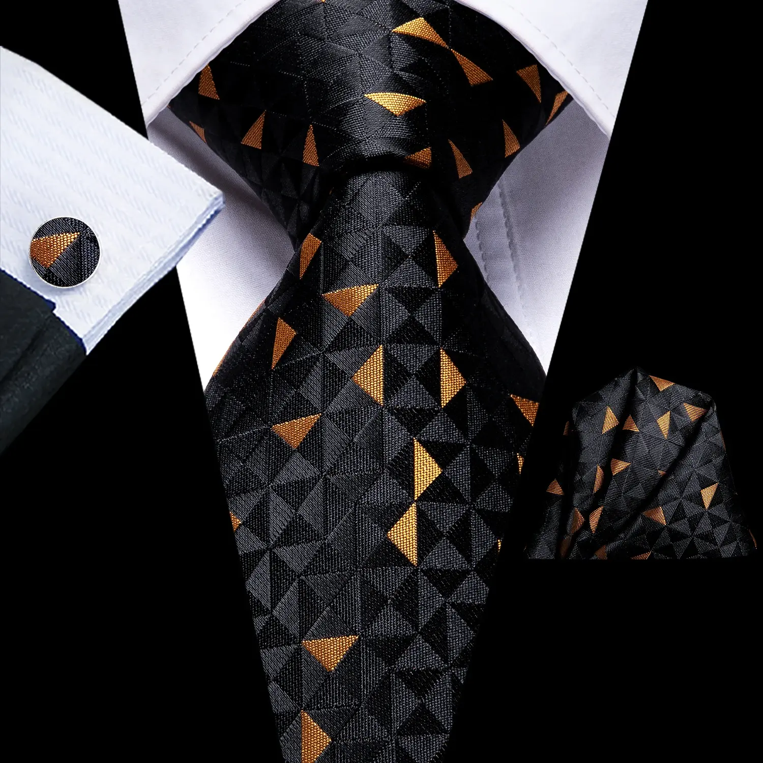 Hi-Tie Black Gold Novelty Silk Wedding Tie for Men Handky Cufflink Set Fashion
