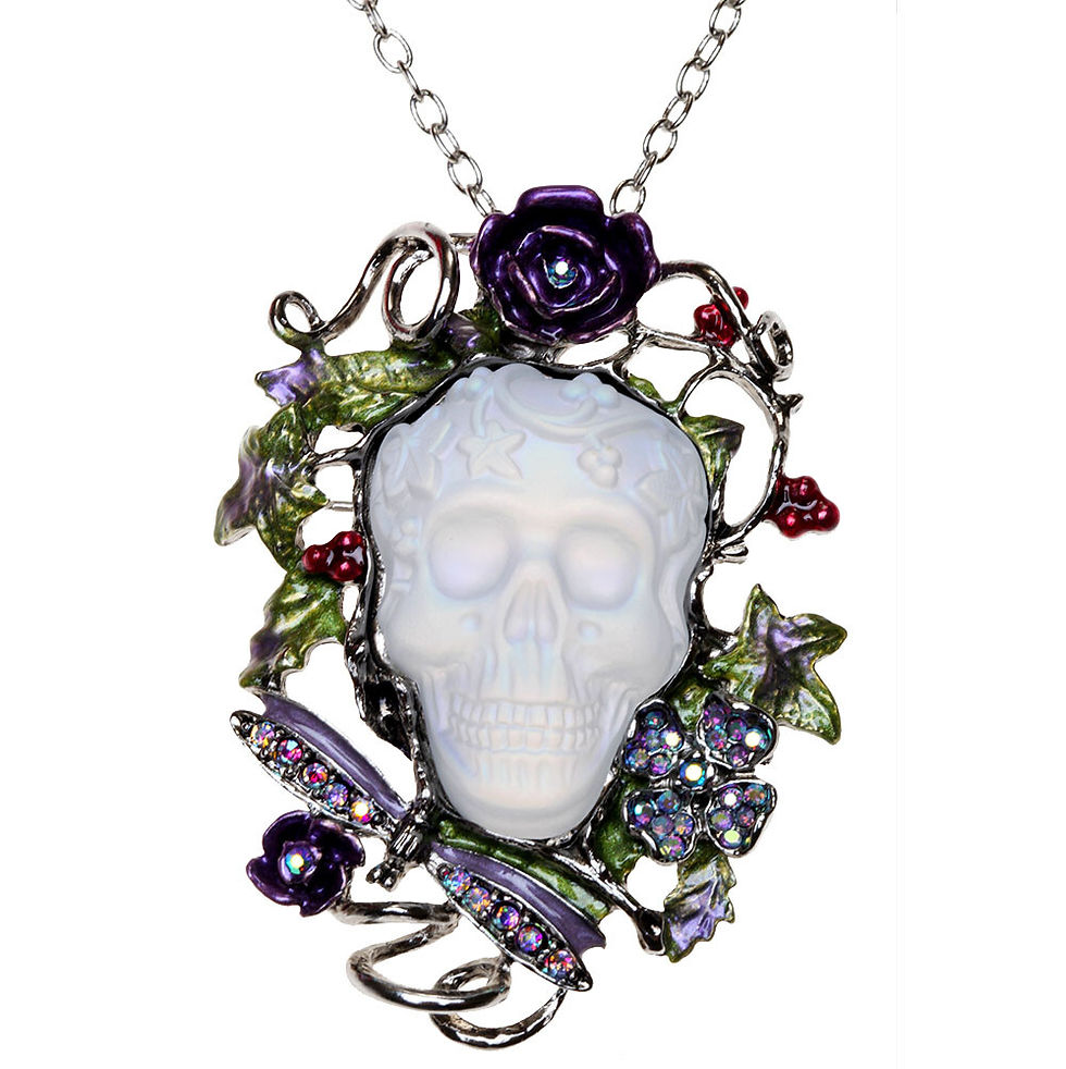 Thumbnail: Kirks Folly Enchanted Forest Glass Dream Skull Pin Pendant Necklace silvertone