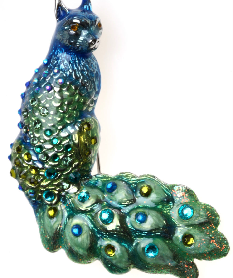 Thumbnail: KIRKS FOLLY PEACOCK CAT BIRD PIN / PENDANT / NECKLACE silvertone blue