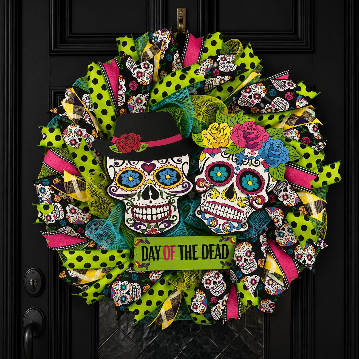 Day of the Dead Wreath, Sugar Skull Couple Decor, Los Dias De Los Muertes