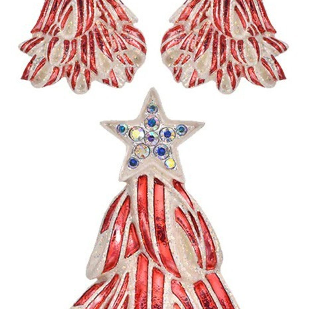 Kirks Folly Ribbon Candy Cane Pin Pendant & Earring Set silvertone