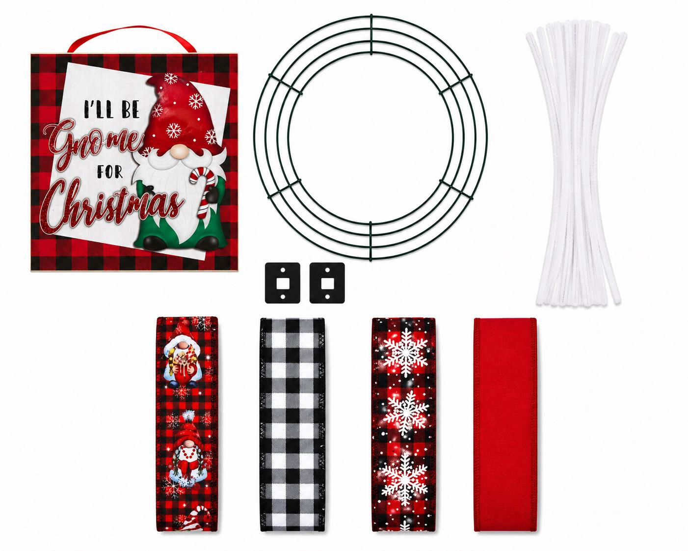 I’ll Be Gnome for Christmas Wreath Kit, Buffalo Plaid Gnome Sign, Red Black