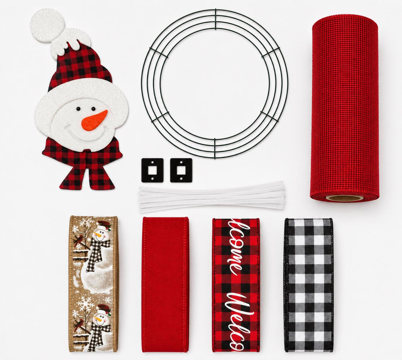 Buffalo Plaid Snowman Wreath Kit | Snowman Sign & Festive Ribbon Bundle, DIY
