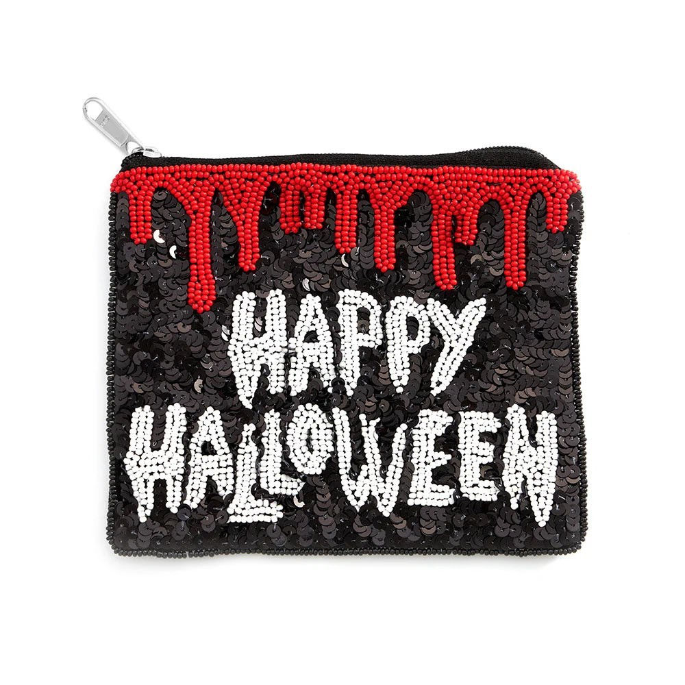 Kirks Folly Fright Night Happy Halloween Sequin Beaded Mini Pouch Bag