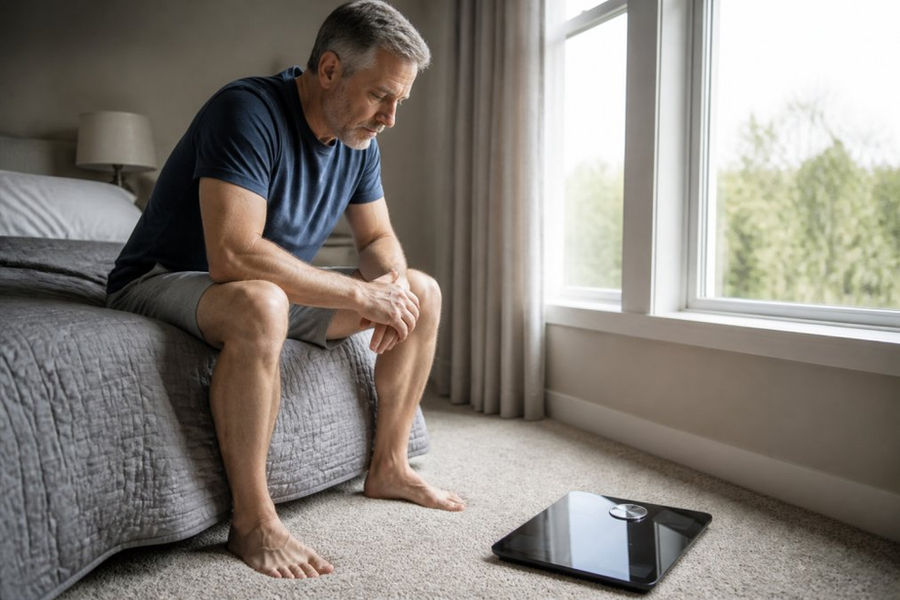 Middle-aged man looking thoughtfully at a bathroom scale, reflecting on personalized nutrition and muscle loss.
