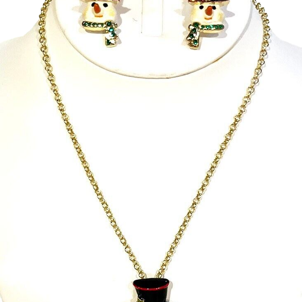 Kirks Folly Frosty Snowman Necklace & Leverback Earrings set goldtone