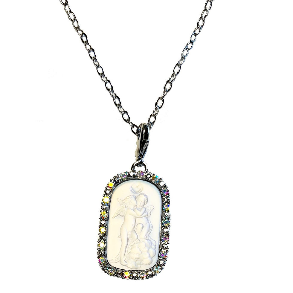 Thumbnail: Kirks Folly Glass First Kiss Cherub Angel Pendant / Charm Necklace silvertone