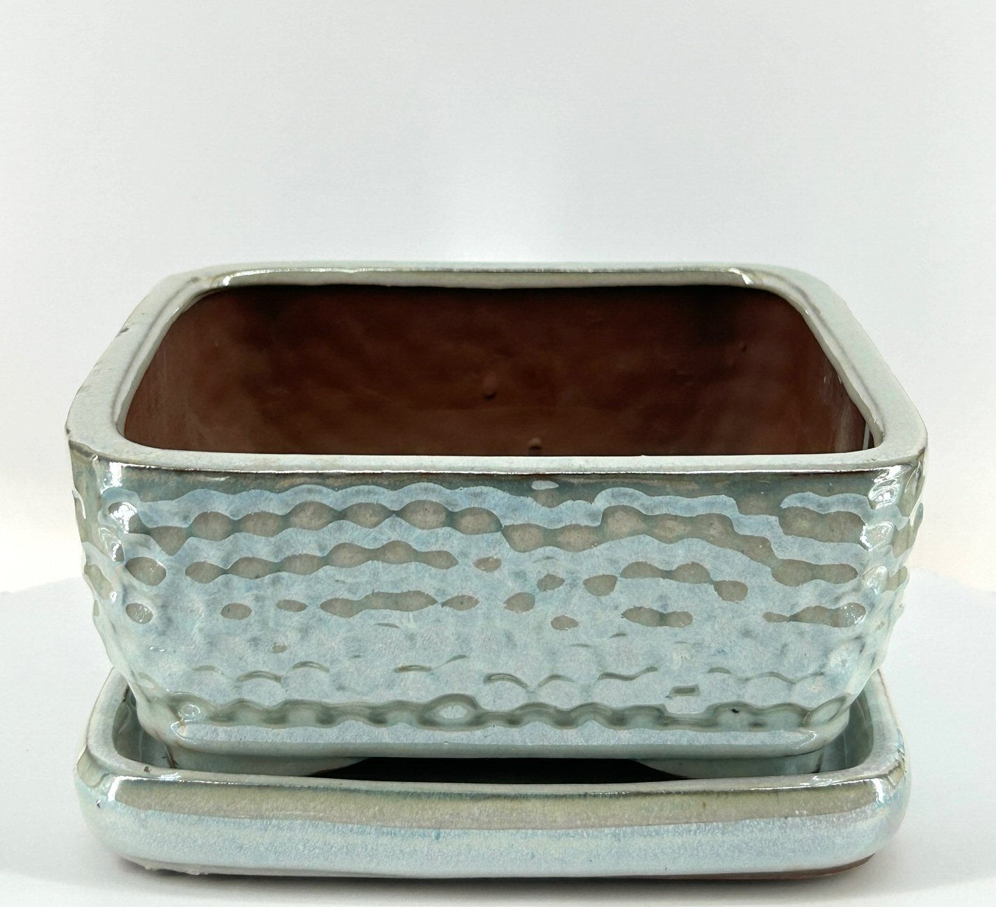 Imported ceramic bonsai pot with matching detachable tray, Measures: ID: 5 7/8" x 5 7/8" x 2 1/4" OD:6 1/2" x 6 1/2" x 2 3/4"