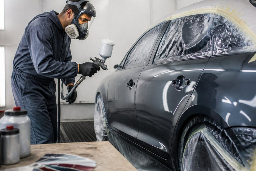 Professional auto body technician in climate-controlled paint booth carefully applying custom paint to vehicle with precision spray equipment and color-matching tools visible