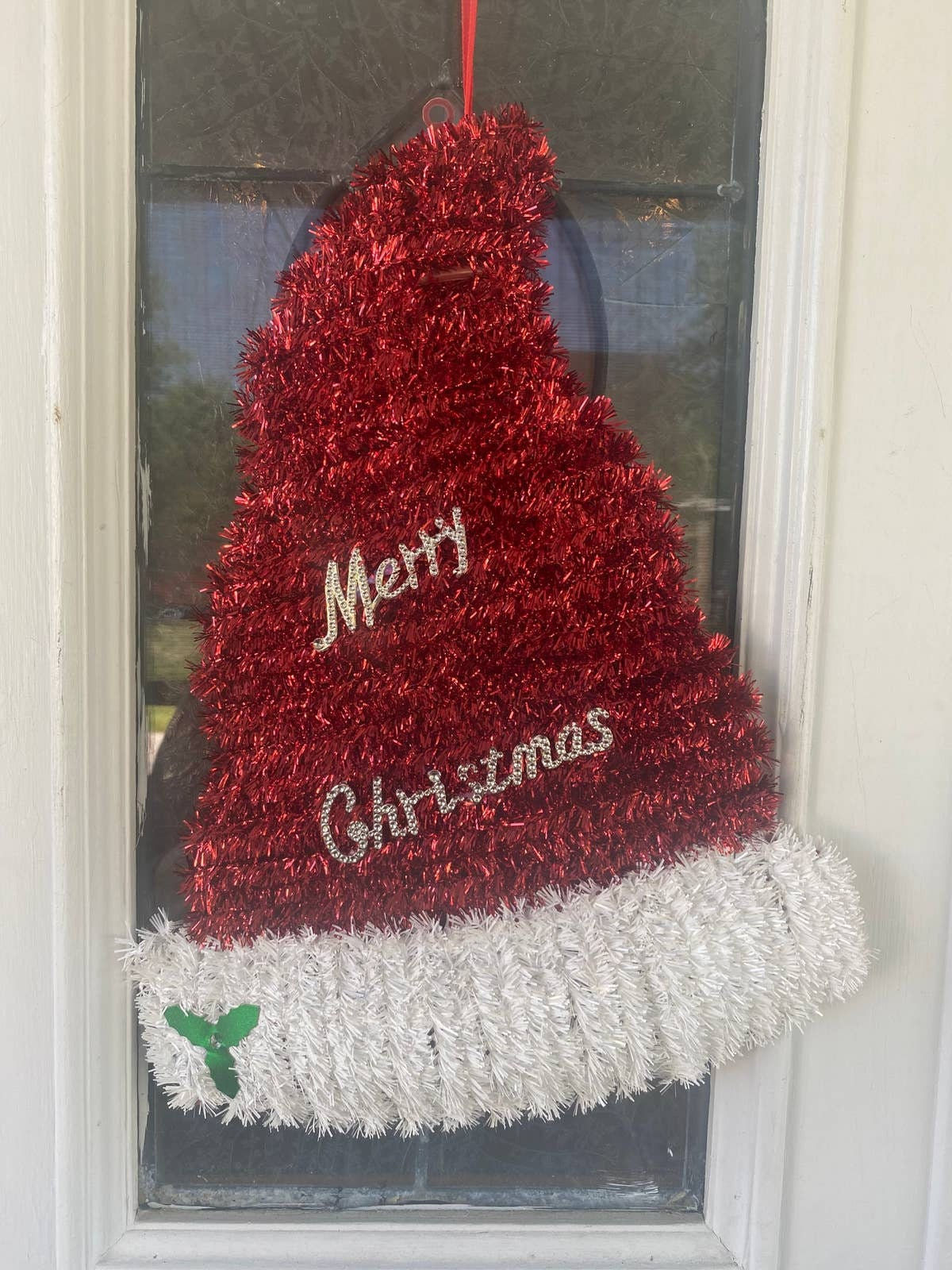 Santa Hat Sign, Merry Christmas Sign, Tinsel Santa Claus Hat Wreath Sign,