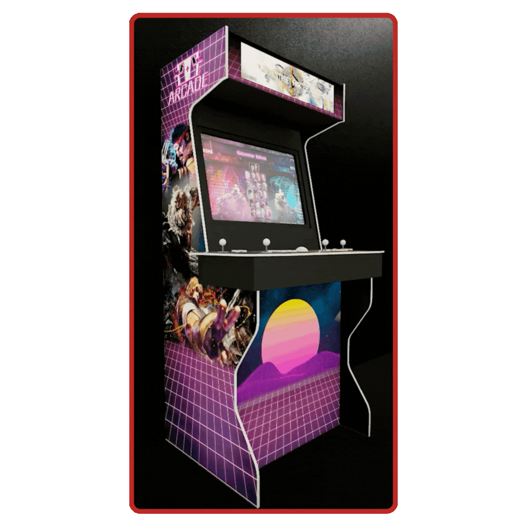 Custom 2-player arcade cabinet with LED buttons, a trackball, and retro-style artwork