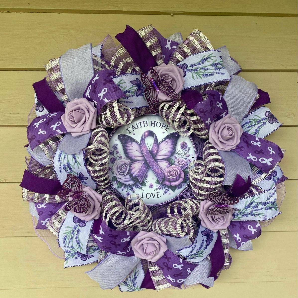 Purple Awareness Ribbon Wreath – Faith Hope Love Butterfly Wreath – Support,