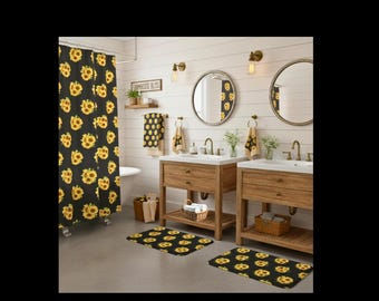Sunflower Bouquet Bath Mat | Black Floral Pattern