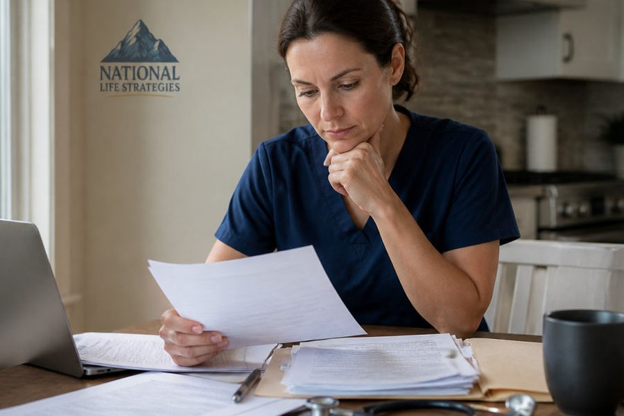 A locum physician reviewing contract paperwork at a kitchen table with a laptop, stethoscope, and coffee mug nearby, suggesting careful review of assignment terms