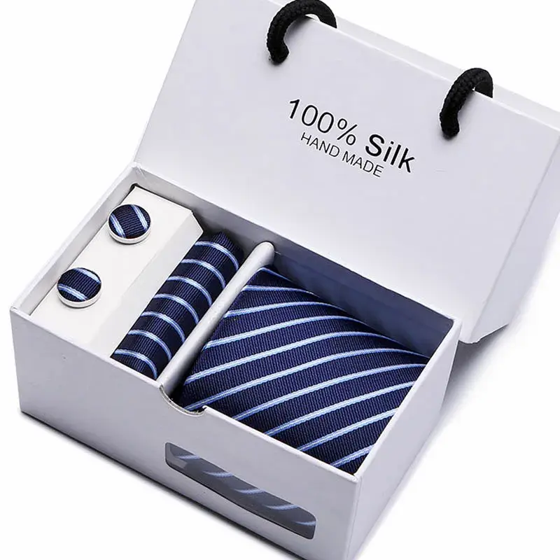 Thumbnail: 2023 100% Silk Jacquard Necktie White Geometric Tie Hanky Cufflink Set Ties for