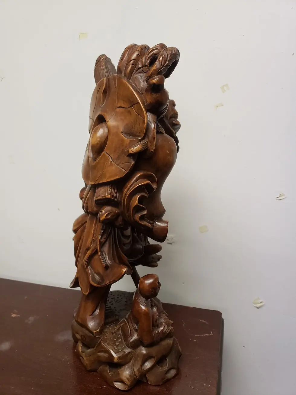 Thumbnail: Chinese Wood Carved Man & Boy Fish Statue