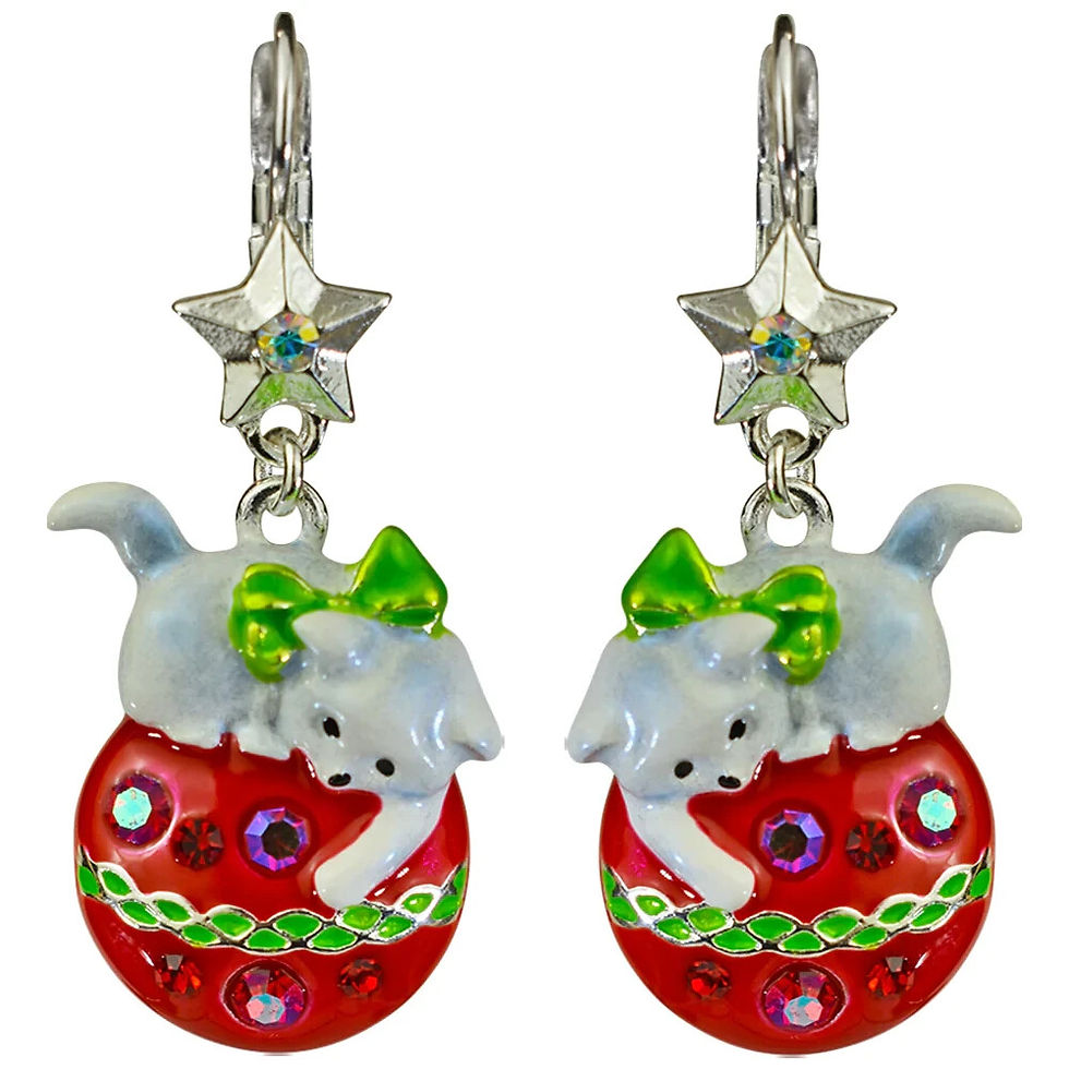 Thumbnail: Kirks Folly Christmas Kitty Leverback Earrings sterling silvertone cat