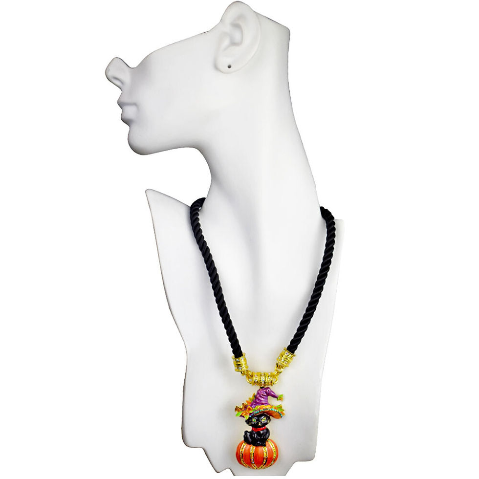 Thumbnail: Kitchy Witchy Kitty Pumpkin Magnetic Interchangeable Cord Necklace goldtone