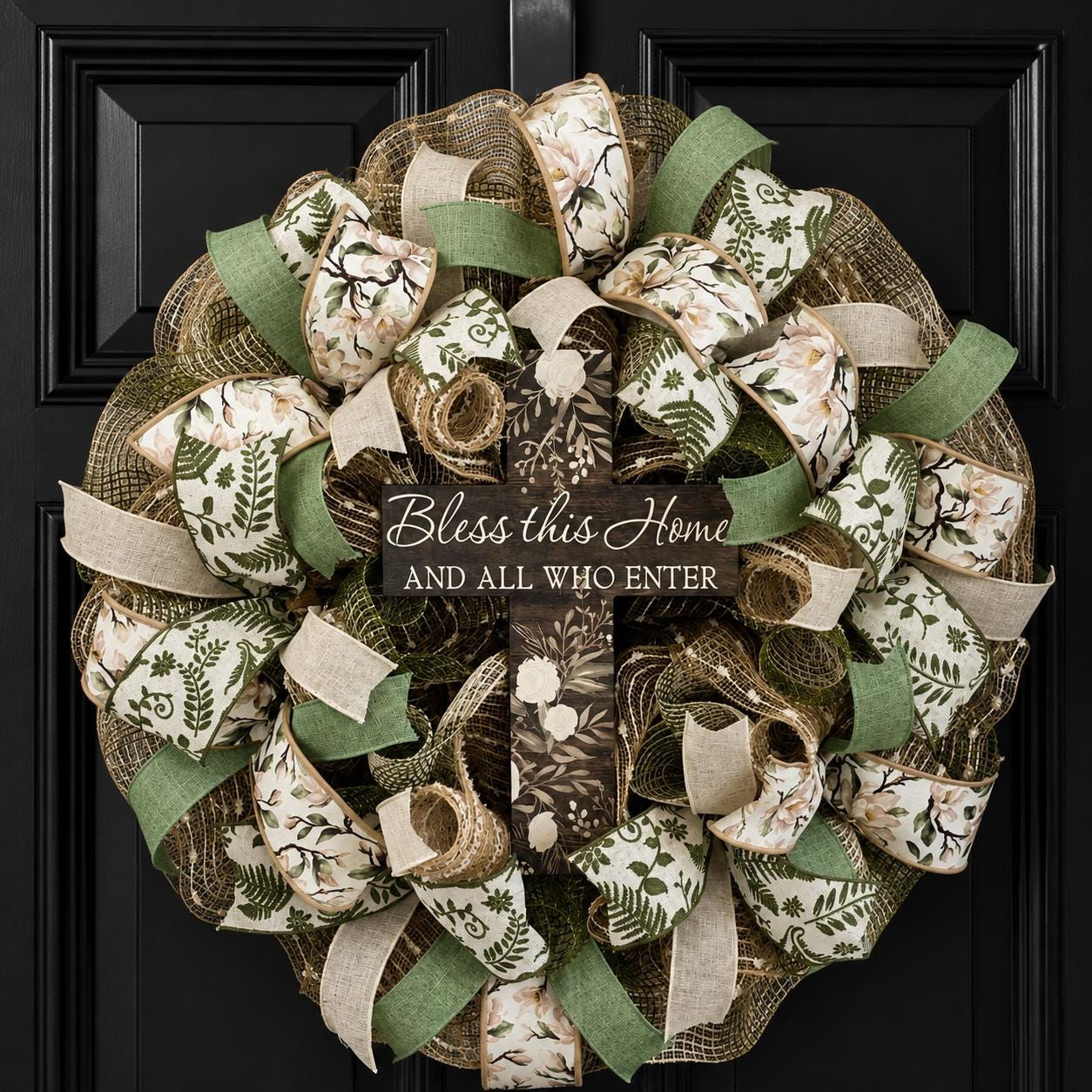 Bless This Home Wreath – Cross Wreath - Green Cream Rustic Mesh Wreath with