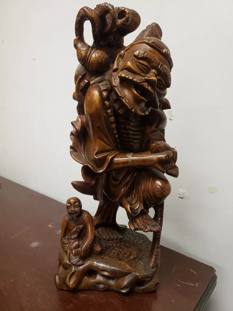 Thumbnail: Chinese Wood Carved Man & Boy Fish Statue