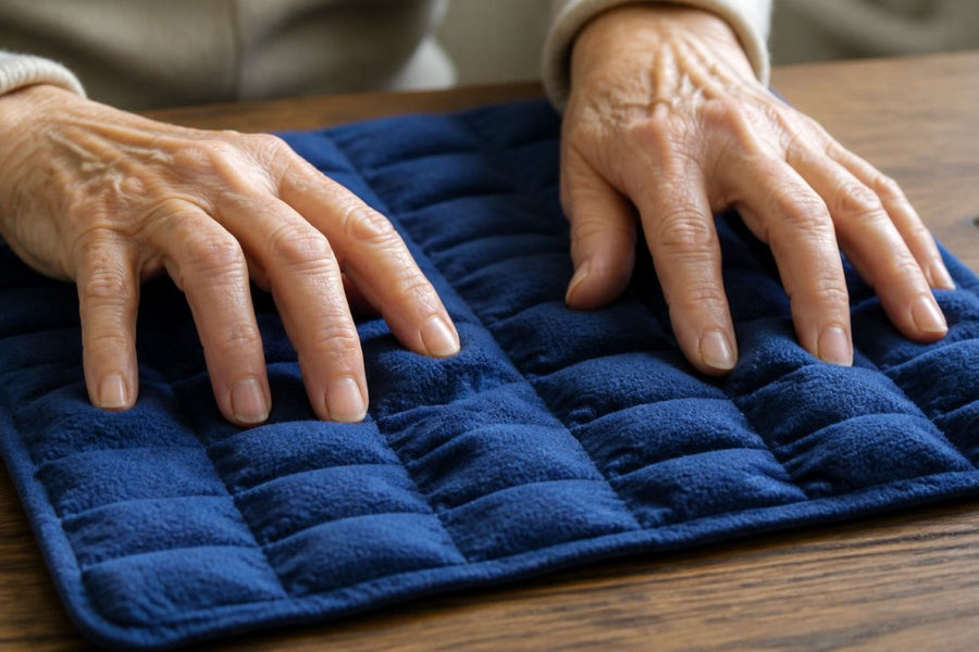 Close-up of an older adult's hands performing individual finger lifts on a soft tactile surface, showing clear separation and controlled movement of each finger