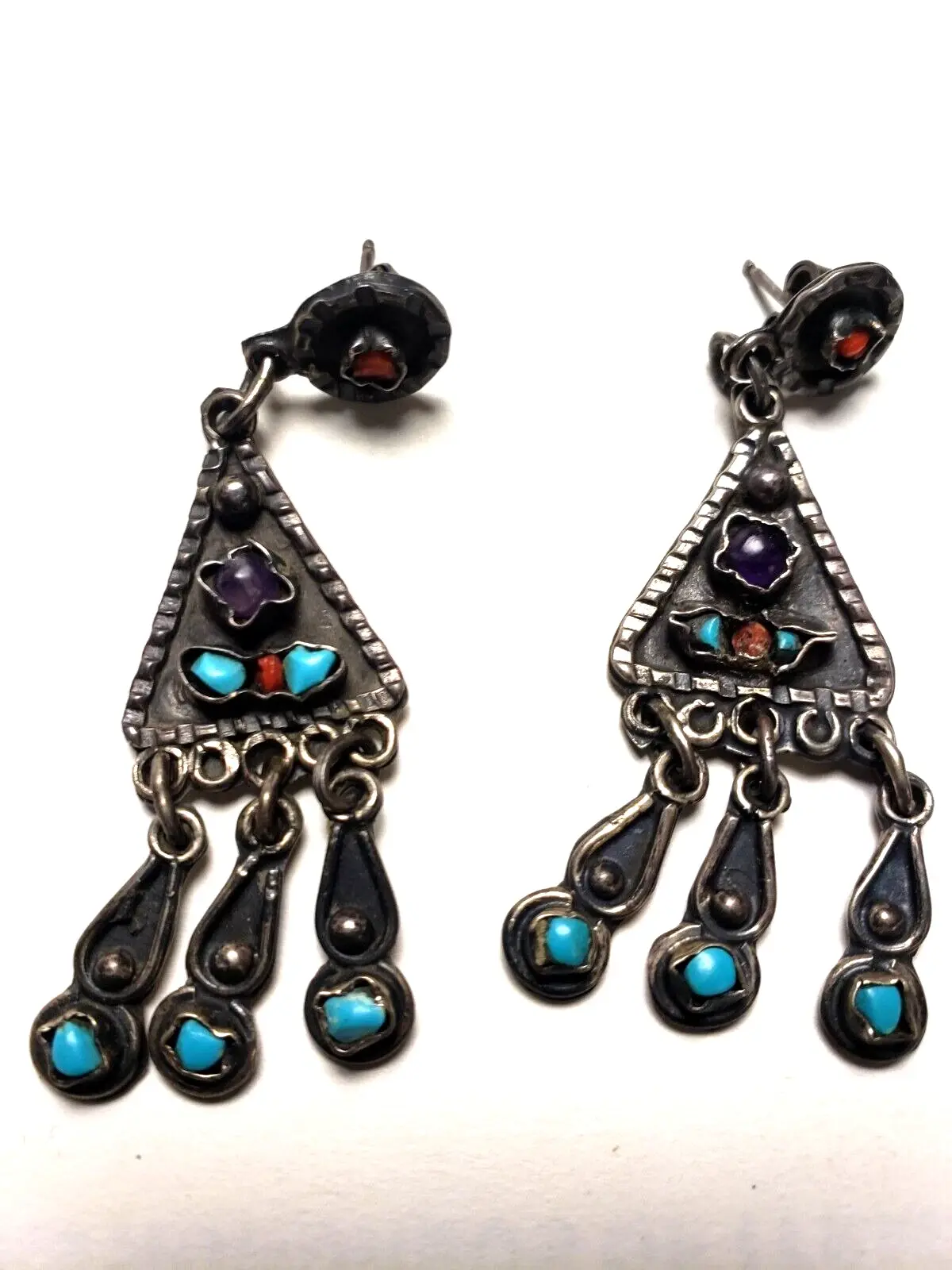 Sterling Amethyst Turquoise Coral Earrings