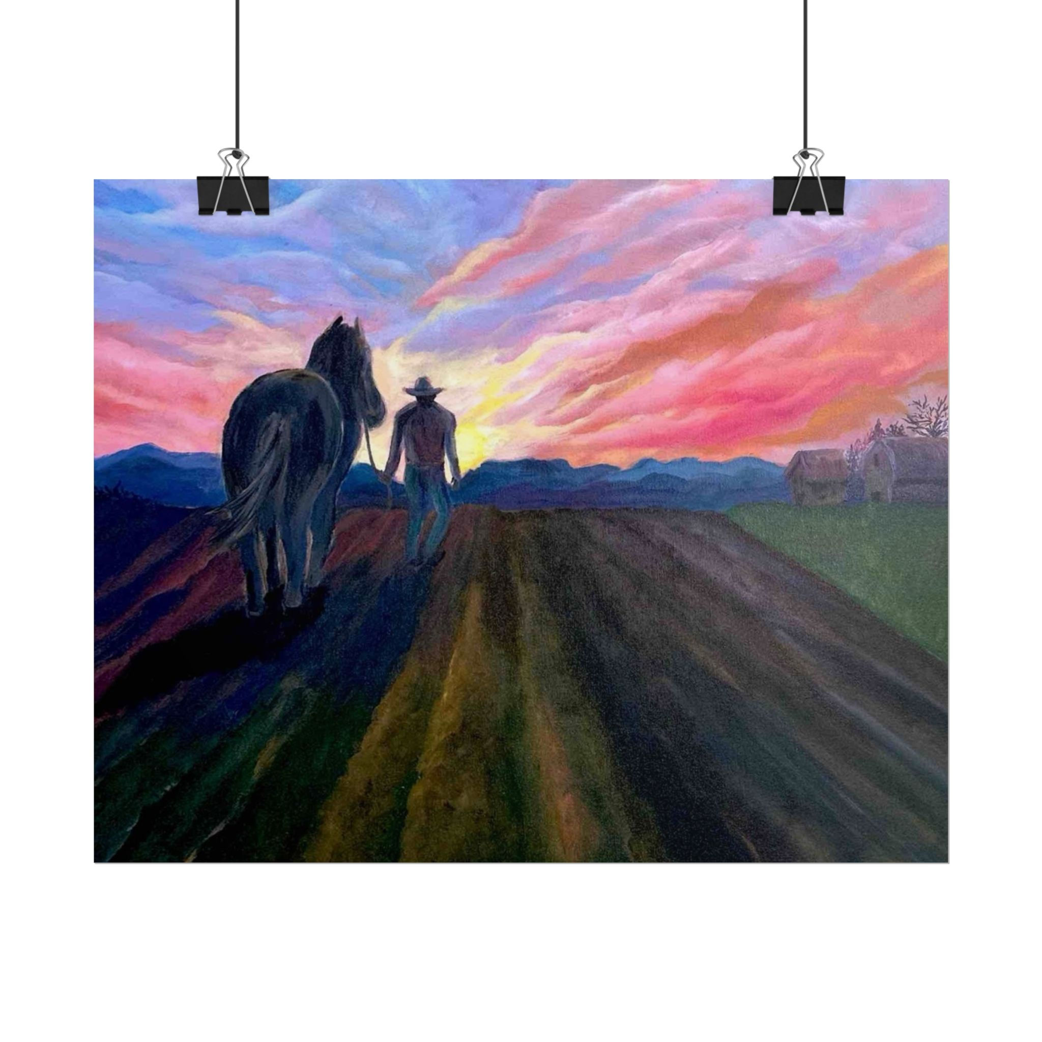 "Days End" Farmer and Horse Sunset Rolled Poster | Western Landscape Wall Art