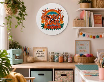 Retro 70s Rainbow Floral Butterfly Acrylic Wall Clock | Mid Century MCM Decor