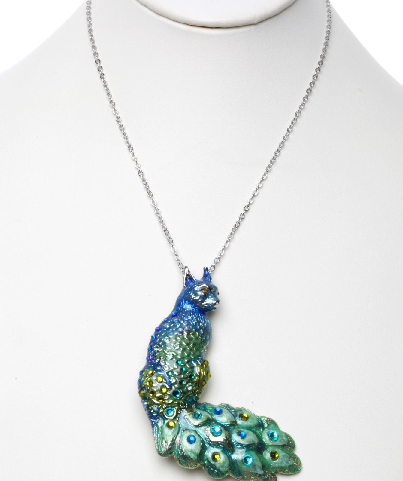 KIRKS FOLLY PEACOCK CAT BIRD PIN / PENDANT / NECKLACE silvertone blue