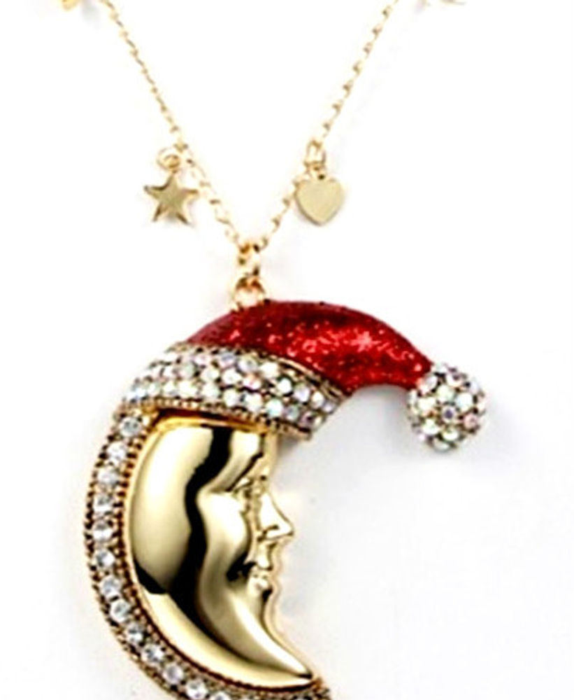 KIRKS FOLLY CANDY CANE NEW MOON PENDANT NECKLACE - Santa Hat goldtone