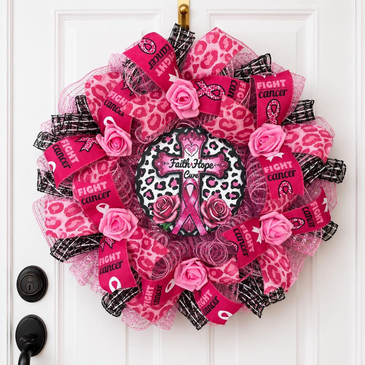 Faith Hope Cure Breast Cancer Awareness Wreath – Pink Ribbon Door Decor with